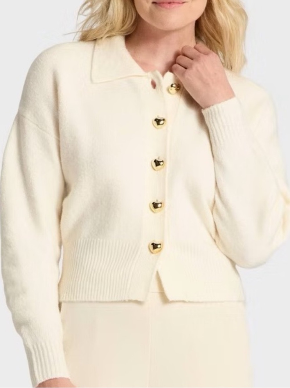 A New Day Ivory Collared Cardigan with Gold Heart Buttons